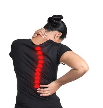 A woman seen from behind holding her neck and lower back, with the line of her spine highlighted