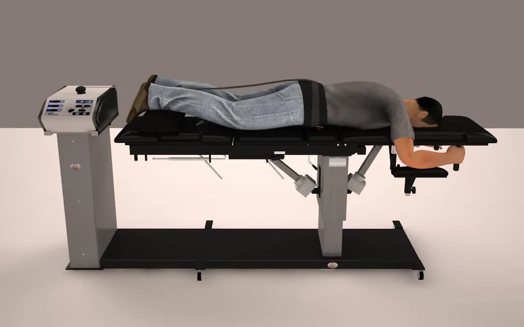The KDT Neural-Flex table from the side with a patient lying face down, a harness around the pelvis connected to the traction unit