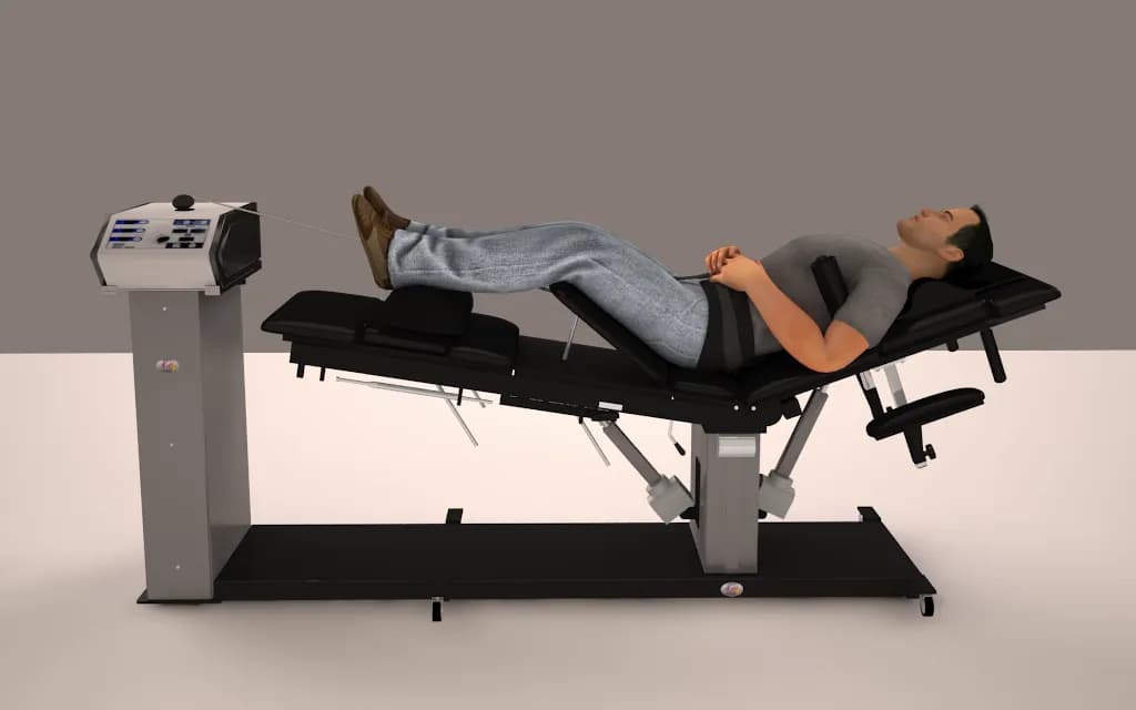 The whole KDT Neural-Flex decompression table from the side, with the MTD 4000 traction unit at its foot and a patient lying face up