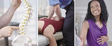 A chiropractor talking a patient through a spine model.